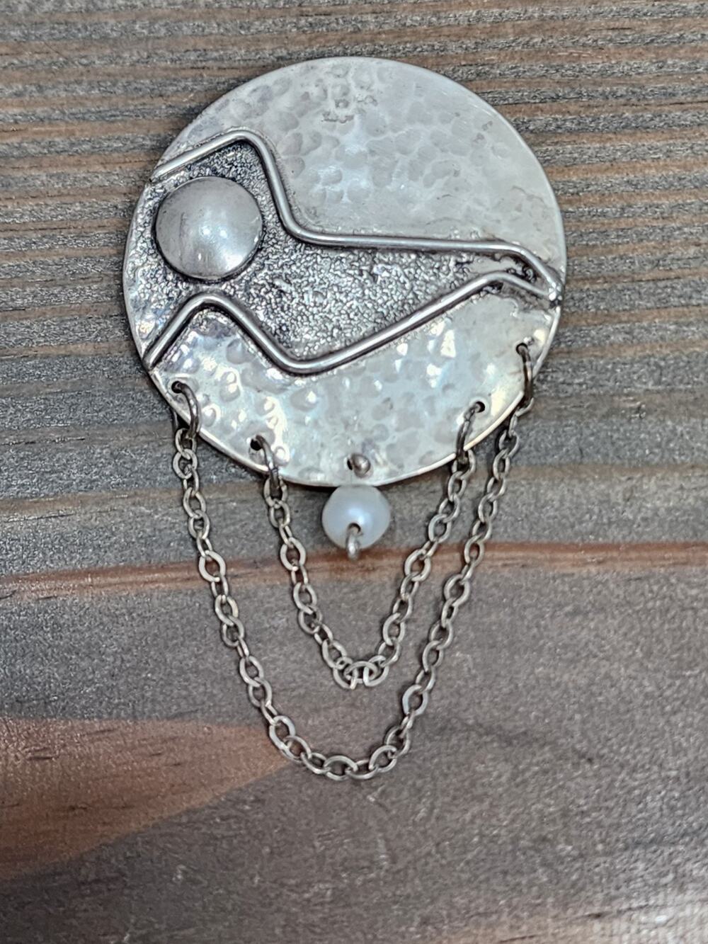 Artisan Handmade Sterling Silver 925 Hammered Moon Pearl Brooch Pendant Pin